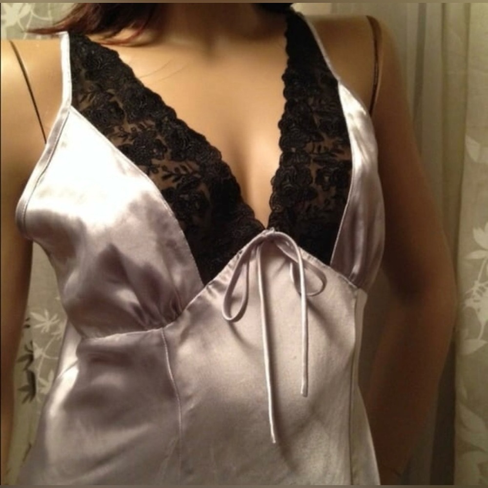 Silky Satin Nightgown Slip Dress | Lace Trim Lingerie | Silver Gray | Size L - Picture 2 of 3